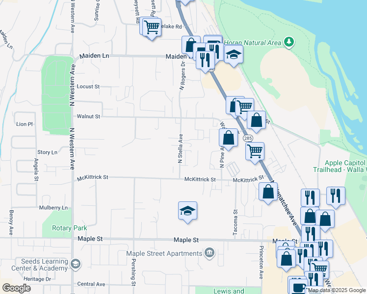 map of restaurants, bars, coffee shops, grocery stores, and more near 1701 North Stella Avenue in Wenatchee
