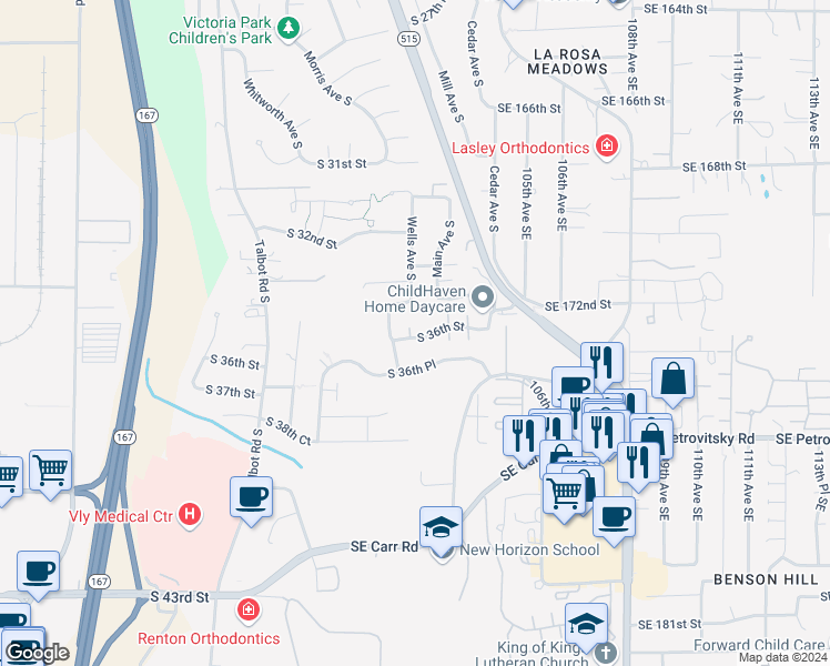 map of restaurants, bars, coffee shops, grocery stores, and more near 3514 Wells Place South in Renton