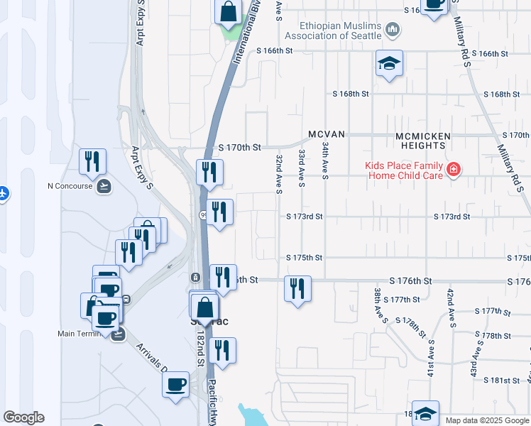 map of restaurants, bars, coffee shops, grocery stores, and more near 17303 32nd Avenue South in SeaTac