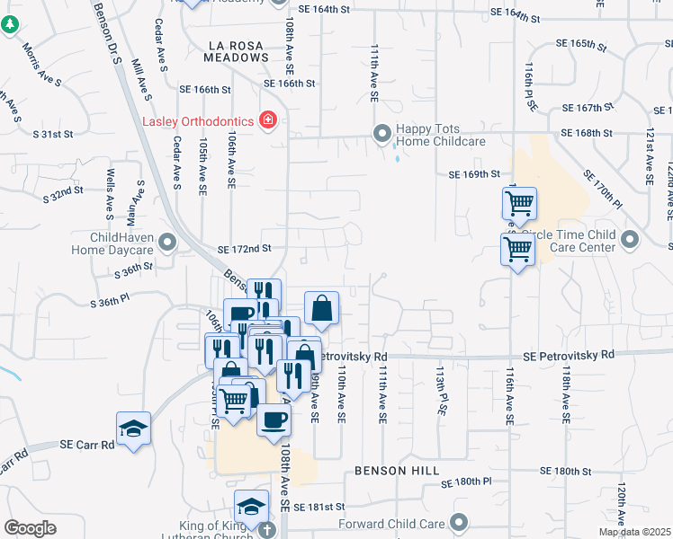 map of restaurants, bars, coffee shops, grocery stores, and more near 17220 109th Place Southeast in Renton