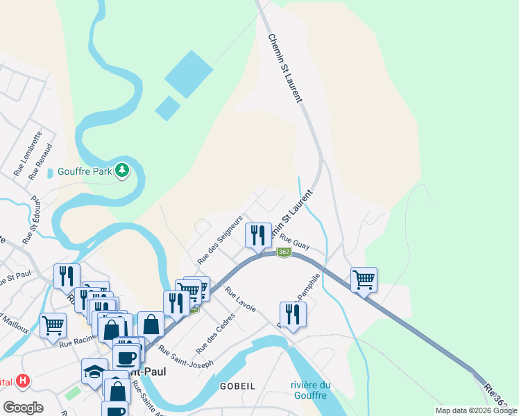 map of restaurants, bars, coffee shops, grocery stores, and more near Rue Drapeau in Baie-Saint-Paul