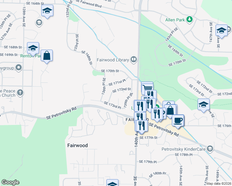 map of restaurants, bars, coffee shops, grocery stores, and more near 13713 Southeast 172nd Street in Renton