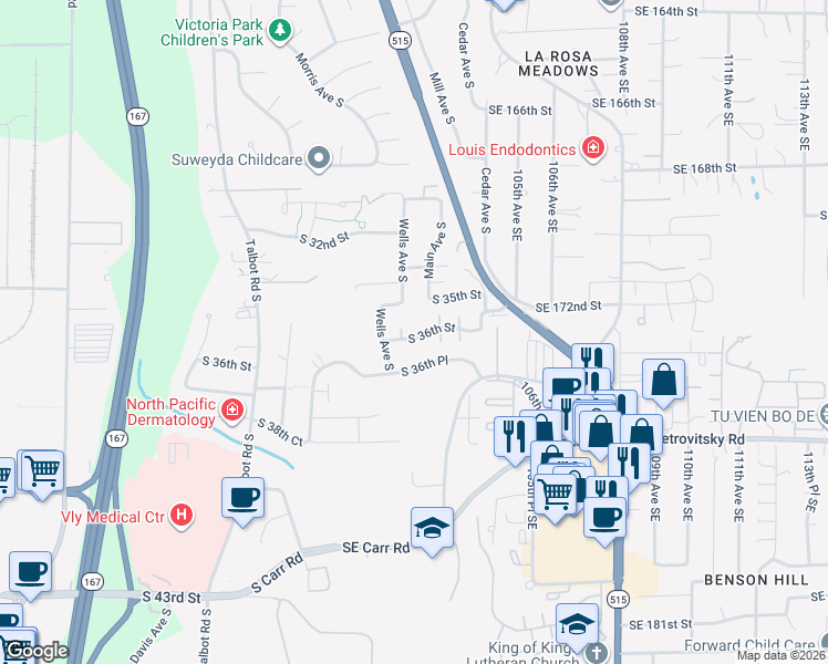 map of restaurants, bars, coffee shops, grocery stores, and more near 3514 Wells Place South in Renton