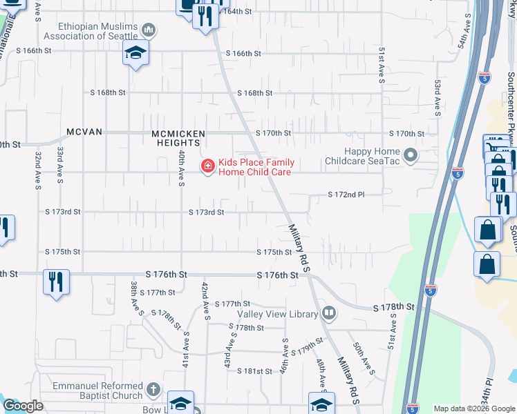 map of restaurants, bars, coffee shops, grocery stores, and more near 4404 South 173rd Street in SeaTac
