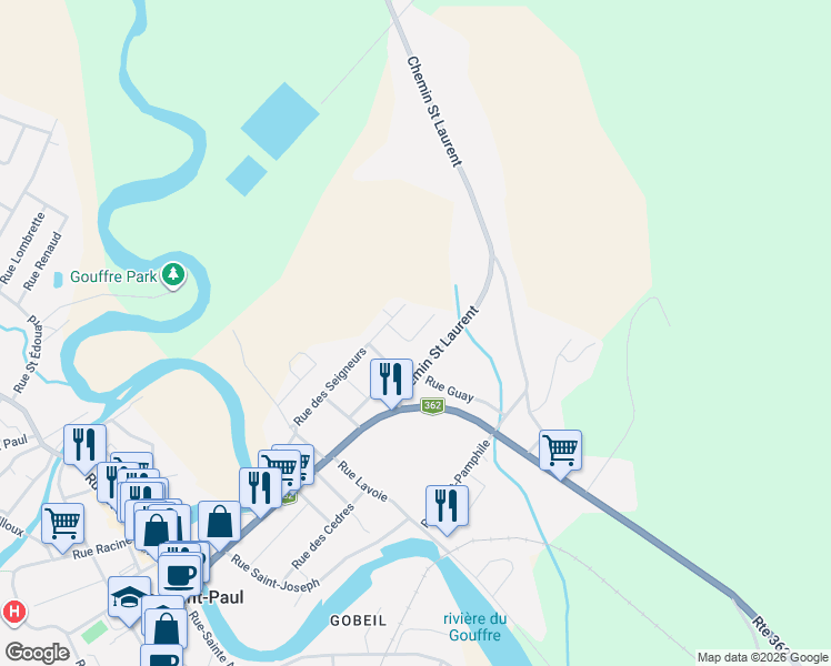 map of restaurants, bars, coffee shops, grocery stores, and more near Rue Drapeau in Baie-Saint-Paul