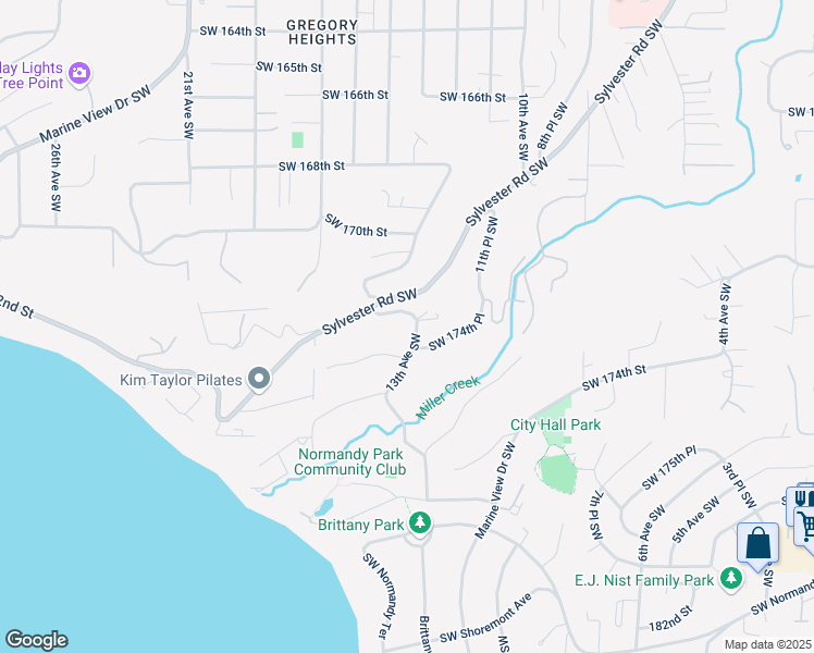 map of restaurants, bars, coffee shops, grocery stores, and more near 1307 Southwest 172nd Street in Normandy Park