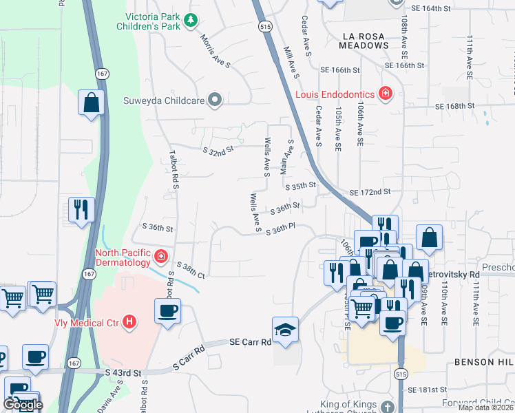 map of restaurants, bars, coffee shops, grocery stores, and more near 3513 Wells Avenue South in Renton