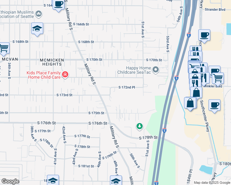 map of restaurants, bars, coffee shops, grocery stores, and more near 4725 South 172nd Place in SeaTac