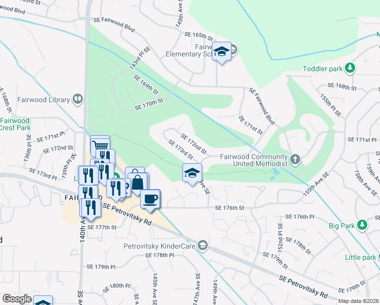 map of restaurants, bars, coffee shops, grocery stores, and more near 14654 Southeast 173rd Street in Renton