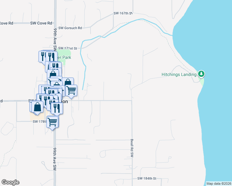 map of restaurants, bars, coffee shops, grocery stores, and more near 9220 Southwest Bank Road in Vashon