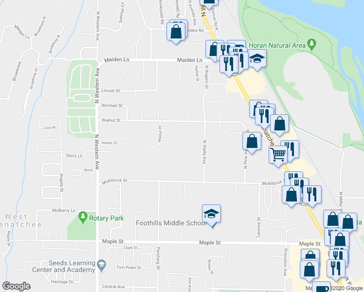 map of restaurants, bars, coffee shops, grocery stores, and more near 1524 Walnut Court in Wenatchee