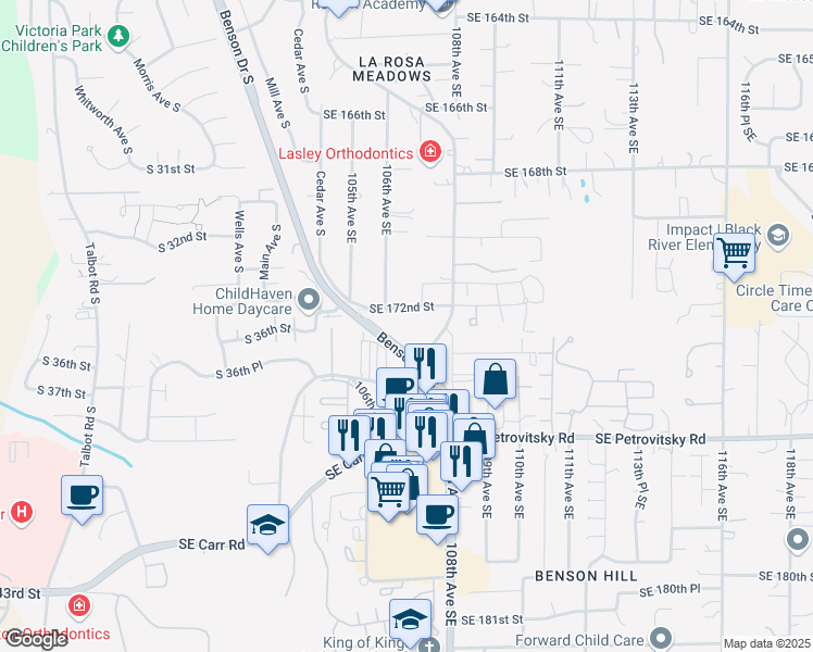 map of restaurants, bars, coffee shops, grocery stores, and more near 10615 Southeast 172nd Street in Renton