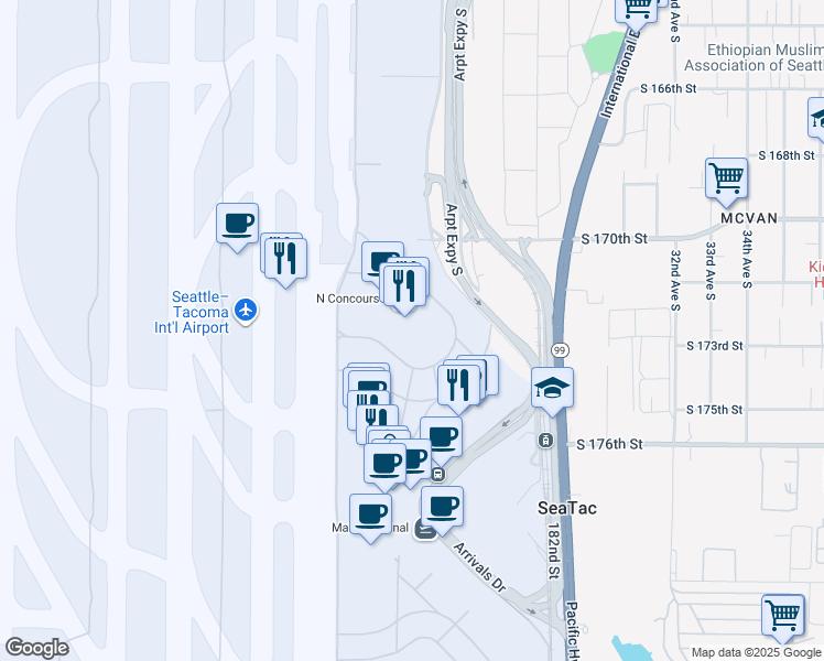 map of restaurants, bars, coffee shops, grocery stores, and more near 17801 International Boulevard in Seattle