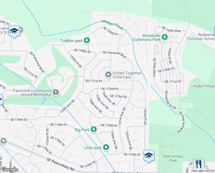map of restaurants, bars, coffee shops, grocery stores, and more near 16019 Southeast 172nd Place in Renton