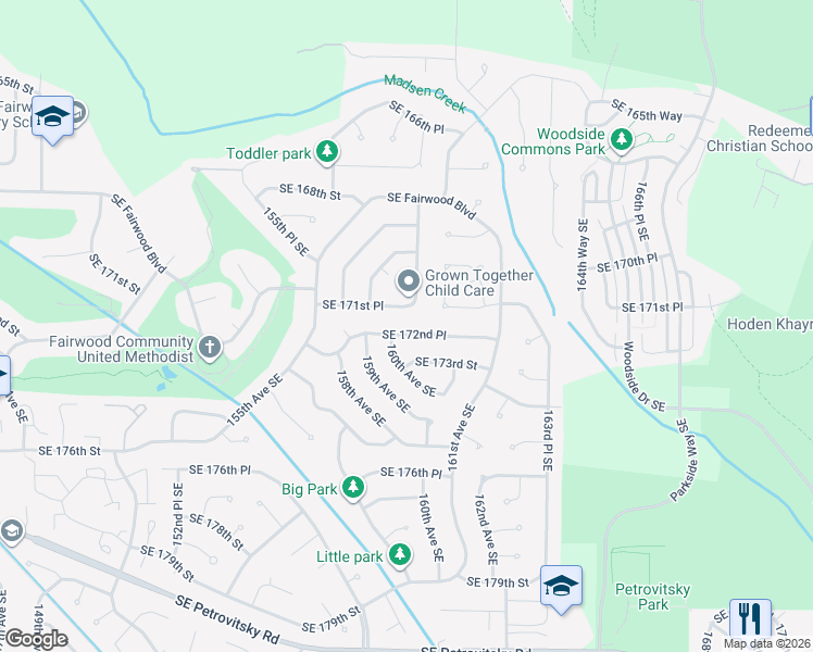 map of restaurants, bars, coffee shops, grocery stores, and more near 16019 Southeast 172nd Place in Renton