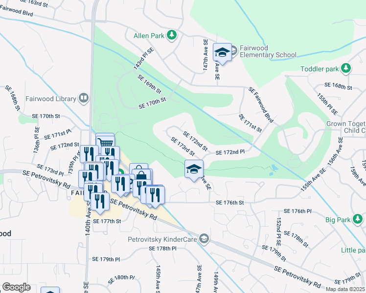 map of restaurants, bars, coffee shops, grocery stores, and more near 14635 Southeast 173rd Street in Renton