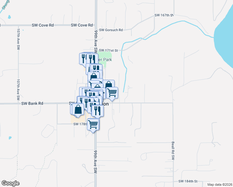 map of restaurants, bars, coffee shops, grocery stores, and more near 17523 96th Place Southwest in Vashon