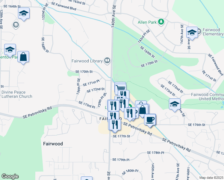 map of restaurants, bars, coffee shops, grocery stores, and more near 17212 140th Avenue Southeast in Renton