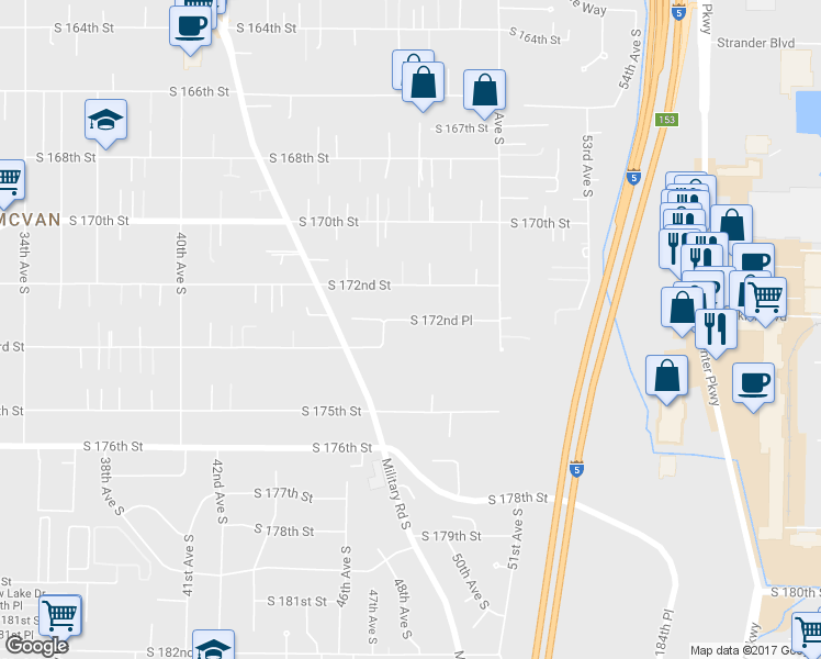 map of restaurants, bars, coffee shops, grocery stores, and more near 4725 South 172nd Place in SeaTac