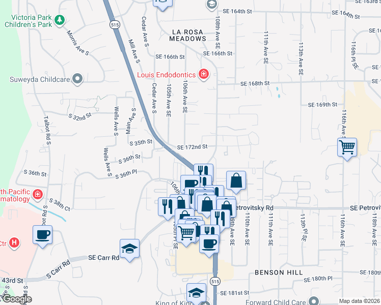 map of restaurants, bars, coffee shops, grocery stores, and more near 10615 Southeast 172nd Street in Renton