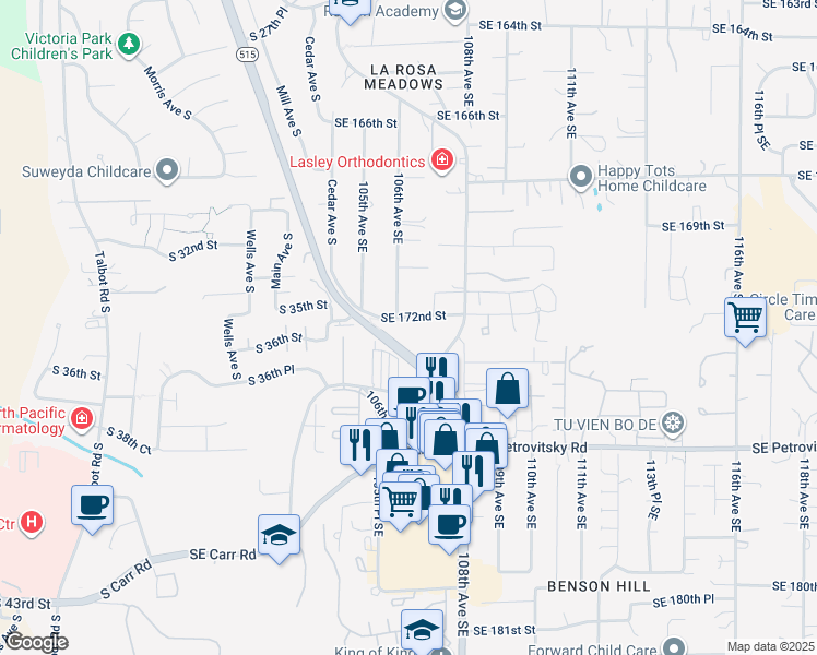 map of restaurants, bars, coffee shops, grocery stores, and more near 10619 Southeast 172nd Street in Renton