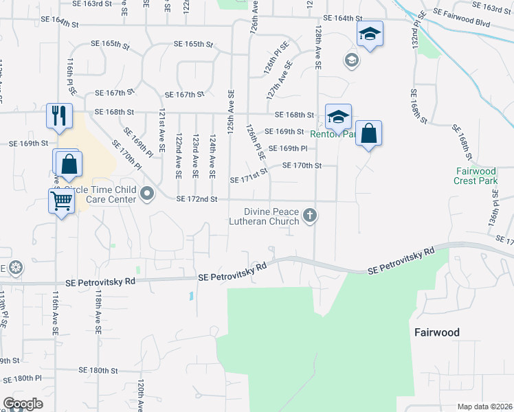 map of restaurants, bars, coffee shops, grocery stores, and more near 12549 Southeast 172nd Street in Renton