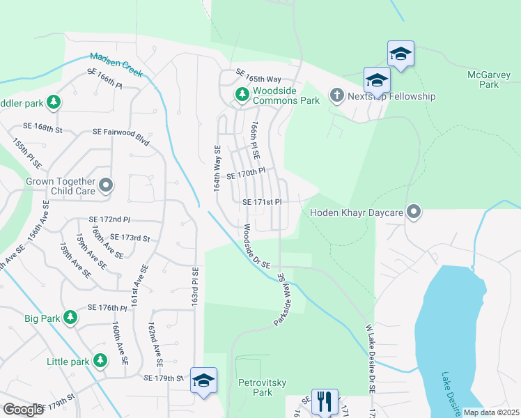 map of restaurants, bars, coffee shops, grocery stores, and more near 16631 Southeast 171st Place in Renton
