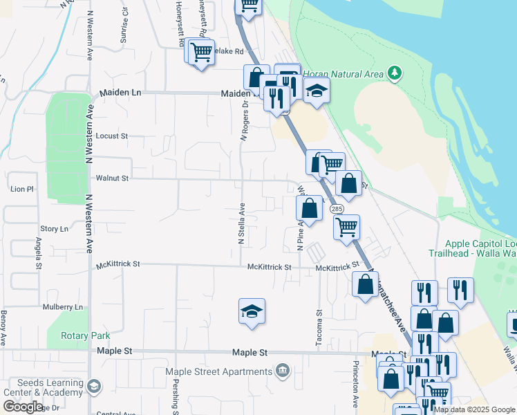 map of restaurants, bars, coffee shops, grocery stores, and more near 1705 North Stella Avenue in Wenatchee