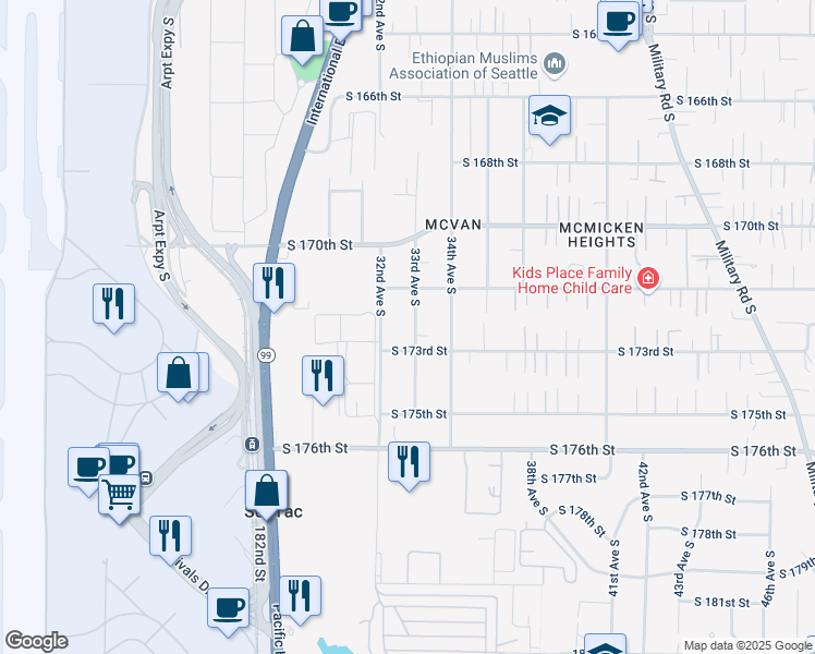 map of restaurants, bars, coffee shops, grocery stores, and more near 17256 33rd Avenue South in SeaTac