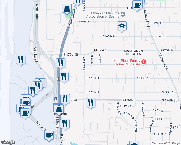 map of restaurants, bars, coffee shops, grocery stores, and more near 17256 33rd Avenue South in SeaTac