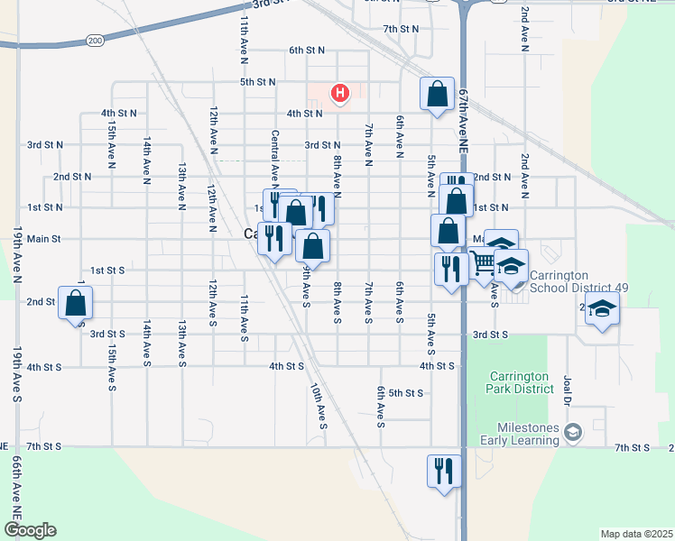 map of restaurants, bars, coffee shops, grocery stores, and more near 100 8th Avenue South in Carrington