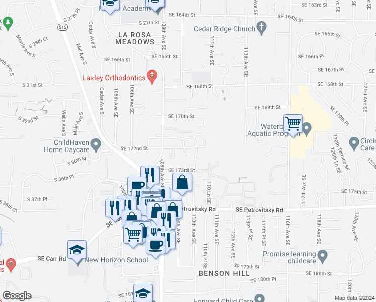 map of restaurants, bars, coffee shops, grocery stores, and more near 17220 109th Place Southeast in Renton