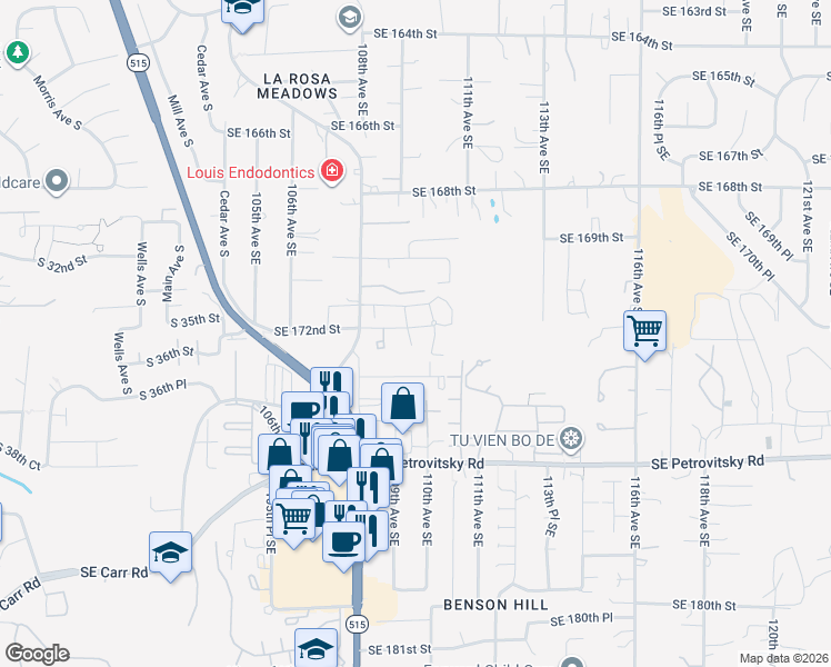map of restaurants, bars, coffee shops, grocery stores, and more near 17220 109th Place Southeast in Renton