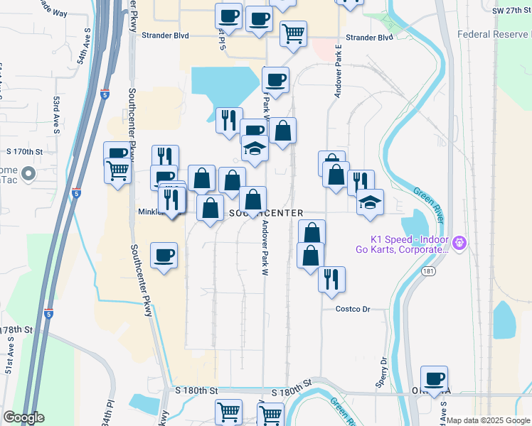 map of restaurants, bars, coffee shops, grocery stores, and more near Andover Park W & Minkler Blvd in Tukwila