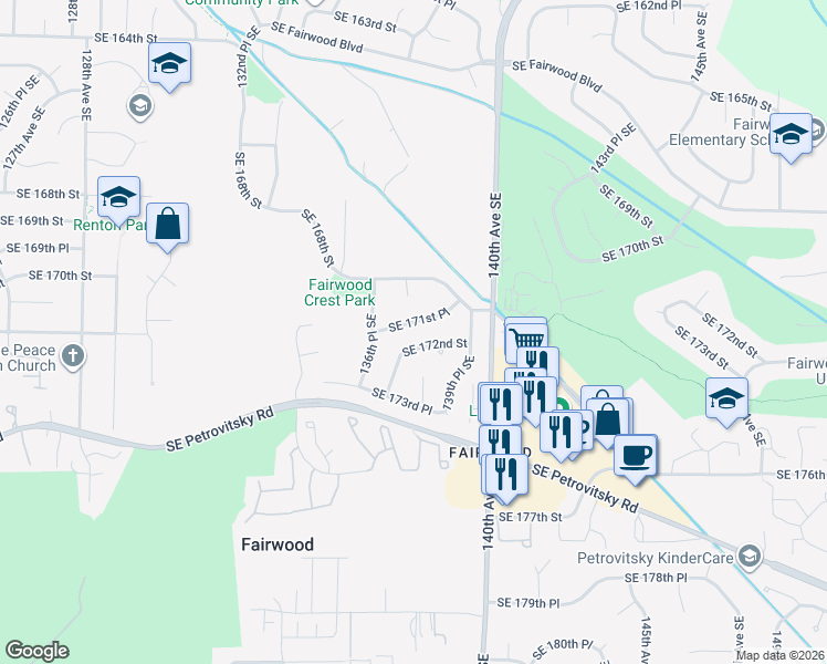 map of restaurants, bars, coffee shops, grocery stores, and more near 13713 Southeast 172nd Street in Renton