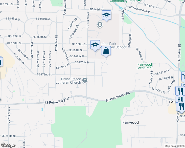 map of restaurants, bars, coffee shops, grocery stores, and more near 17023 129th Avenue Southeast in Renton