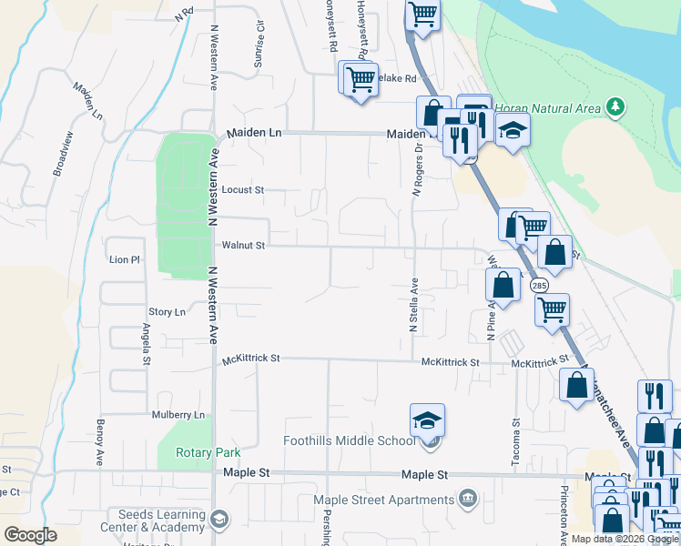map of restaurants, bars, coffee shops, grocery stores, and more near 1531 Walnut Street in Wenatchee