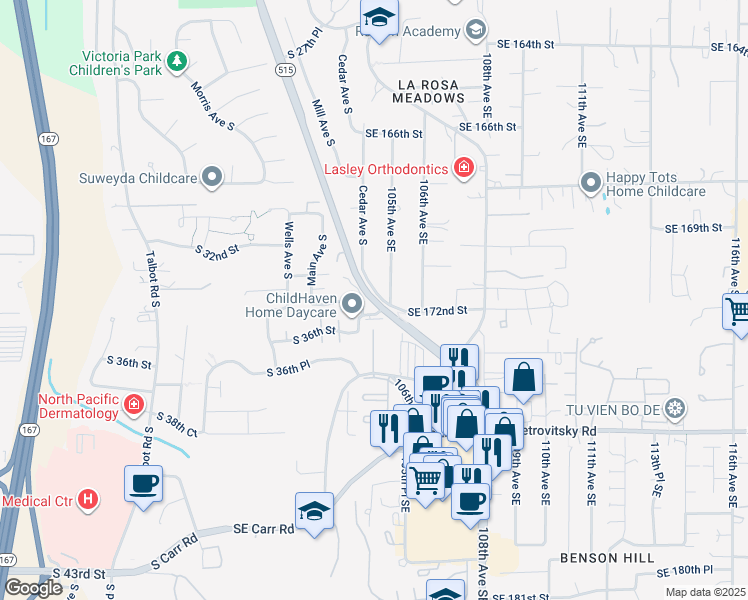 map of restaurants, bars, coffee shops, grocery stores, and more near 17032 104th Avenue Southeast in Renton