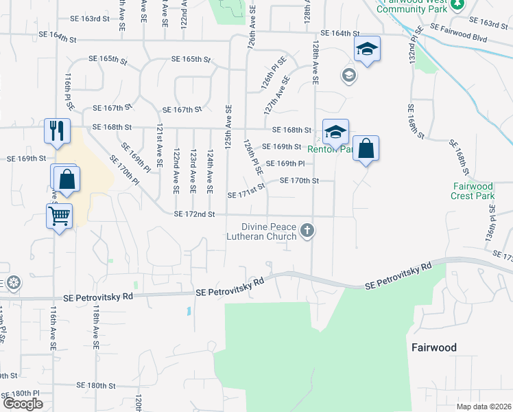 map of restaurants, bars, coffee shops, grocery stores, and more near 12543 Southeast 170th Place in Renton