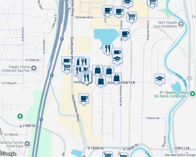 map of restaurants, bars, coffee shops, grocery stores, and more near 17200 Southcenter Parkway in Tukwila
