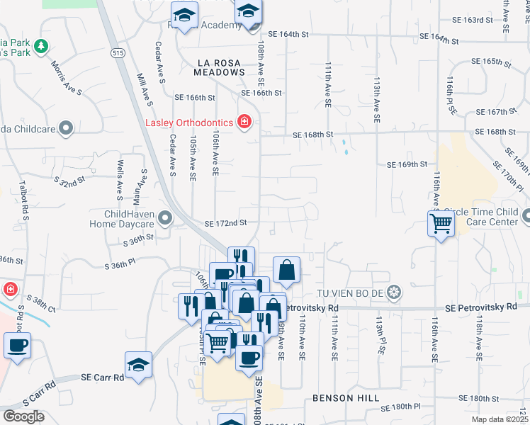 map of restaurants, bars, coffee shops, grocery stores, and more near 10930 Southeast 172nd Street in Renton