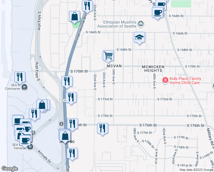map of restaurants, bars, coffee shops, grocery stores, and more near 17204 33rd Avenue South in SeaTac