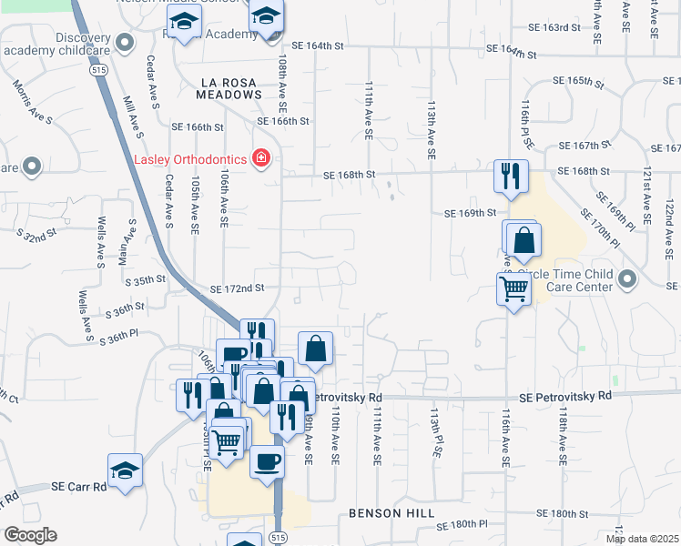 map of restaurants, bars, coffee shops, grocery stores, and more near 10930 Southeast 172nd Street in Renton