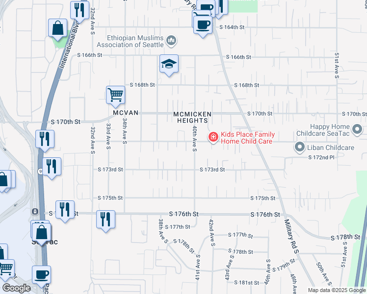 map of restaurants, bars, coffee shops, grocery stores, and more near 3734 South 172nd Street in Seattle