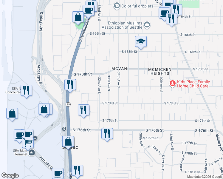 map of restaurants, bars, coffee shops, grocery stores, and more near 17204 33rd Avenue South in SeaTac