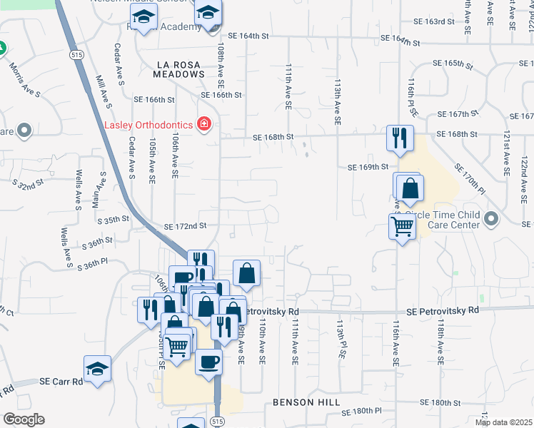 map of restaurants, bars, coffee shops, grocery stores, and more near 10930 Southeast 172nd Street in Renton