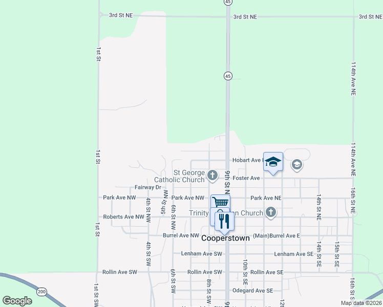 map of restaurants, bars, coffee shops, grocery stores, and more near 700-714 Cherokee Court in Cooperstown