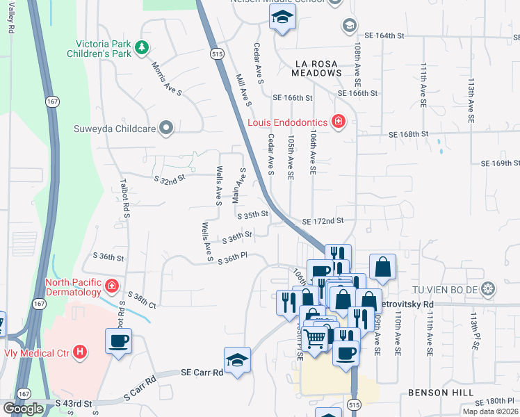 map of restaurants, bars, coffee shops, grocery stores, and more near 1129 South 34th Street in Renton