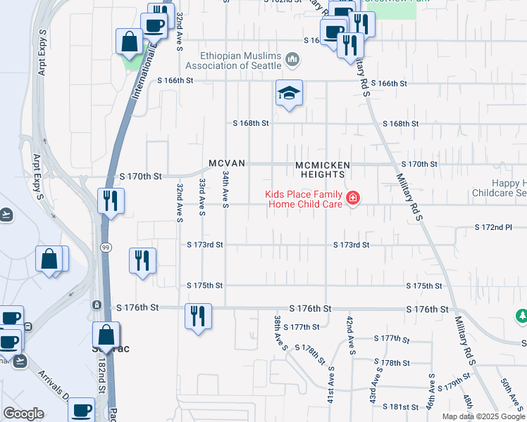 map of restaurants, bars, coffee shops, grocery stores, and more near 3599 South 172nd Street in SeaTac