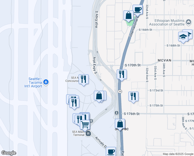 map of restaurants, bars, coffee shops, grocery stores, and more near Air Cargo Road in SeaTac